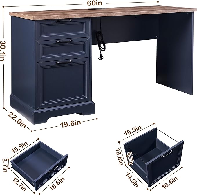 60 Farmhouse Executive Desk with Charging StationHome Office Desk with 2 Drawers &amp1 File CabinetWood Work Desk for Office and Home (Blue)