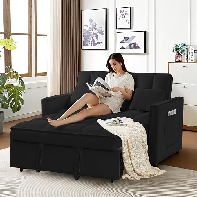 3 in 1 Convertible Sleeper Sofa Bed Futon Couches for Living Room with Side Pocket/Adjustable Backrest Velvet Upholstered Pull Out Couch Small Loveseat Sofa Bed for Bedroom Office Small Spaces