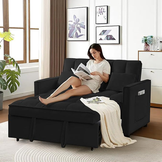 3 in 1 Convertible Sleeper Sofa Bed Futon Couches for Living Room with Side Pocket/Adjustable Backrest Velvet Upholstered Pull Out Couch Small Loveseat Sofa Bed for Bedroom Office Small Spaces