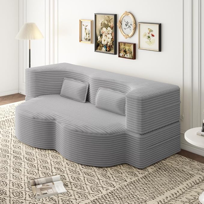 Convertible Sofa Bed Full Size｜78 Sleeper Couch with 2 Pillows｜Corduroy Fabric Folding Sofa Bed｜High-Density Foam｜No Assembly｜Space-Saving｜for Living Room Guest Room｜Light Grey