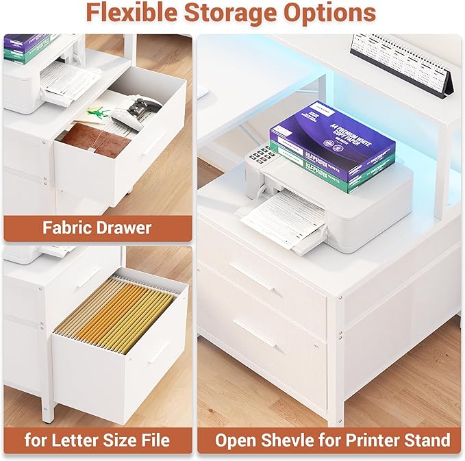 Aheaplus L Shaped Desk with Power Outlet Reversible L Shaped Computer Desk with File Drawer &amp Monitor Stand Gaming Desks with LED Strip Home Office Desk with Storage Shelf White