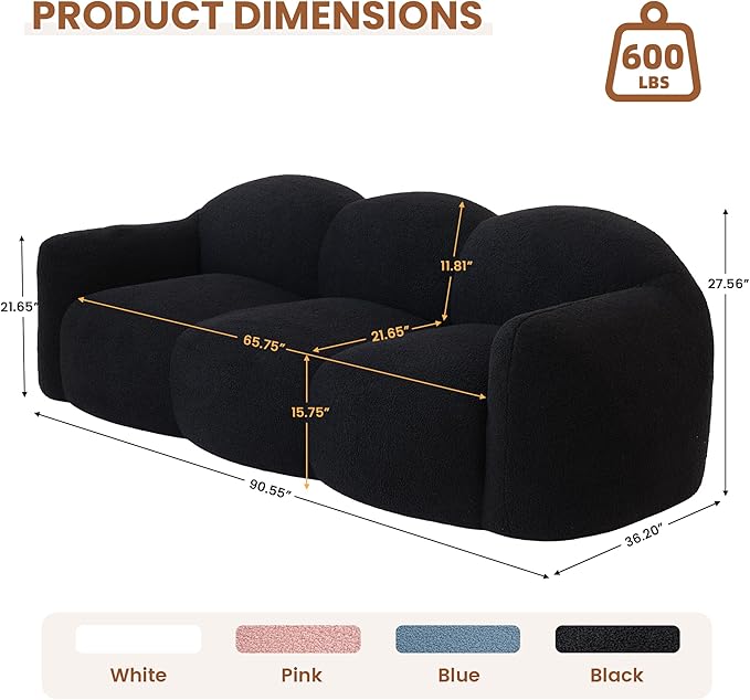 90.55 Inches 3-Seater Sofa Couch Modern Teddy Plush Boneless Sofa in a Box Soft Couches for Living Room Apartment No Assembly for Small Spaces Black