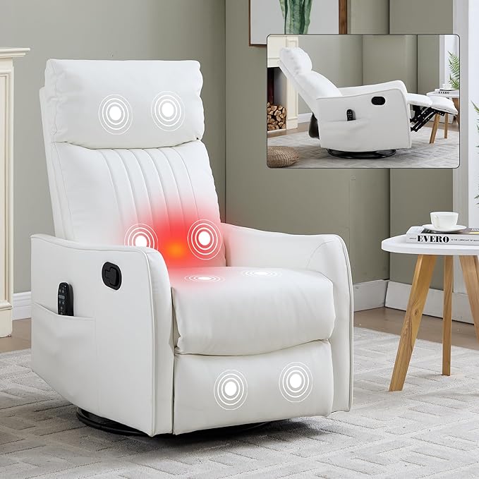 White 360° Swivel Rocker Recliner Chair Massage Reclining Chair with 8-Point Vibration &amp Lumbar Heat for Adults Elderly 155° Recline Easy Assembly for Living Room