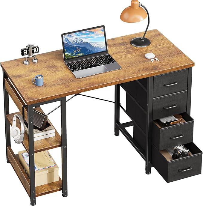 Casaottima 40 Inch Small Computer Desk with 4 Fabric Drawers Modern PC Desk for Small Spaces Home Office Desk with Storage Shelves Vintage