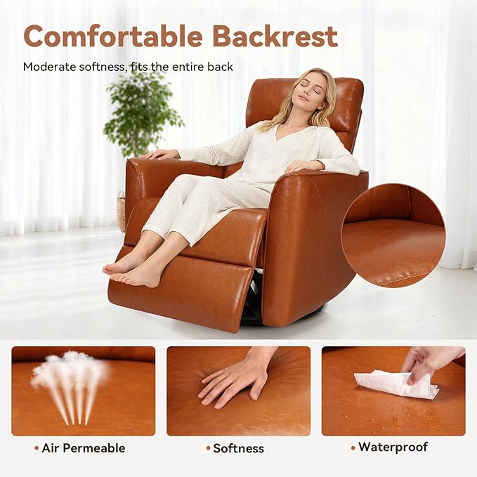 Himimi Power Recliner Chair Swivel Recliner Chair for Adults Faux Leather Single Sofa with Massage and Heat Small Space Side Pocket USB Charging Living Room Orange-Brown