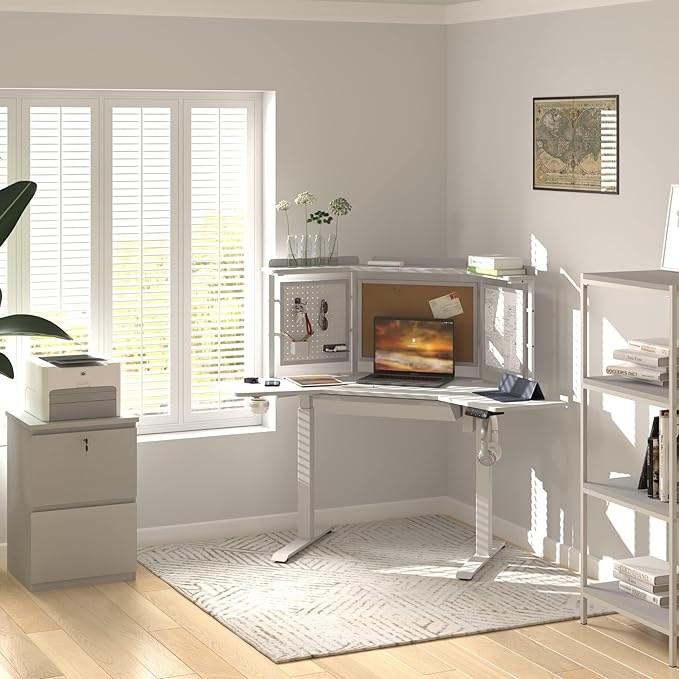 Pemberly Row Corner Electric Height Adjustable L-Shaped Standing Desk Wood and Metal Construction White Finish 47 x 67 in Large Workspace Cable Management Home Office Desk for Sitting or