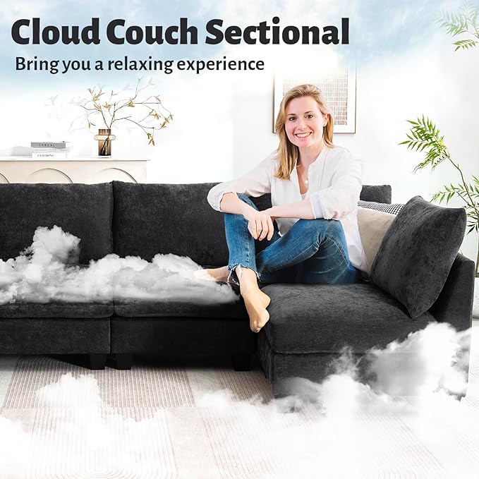 136.4 Modular Sectional Sofa U-Shaped 8 Seater Sectional Sofa with Storage Ottoman Linen L-Shaped Couch Large Cloud Couch with Cup Holders &amp USB for Living Room（Black