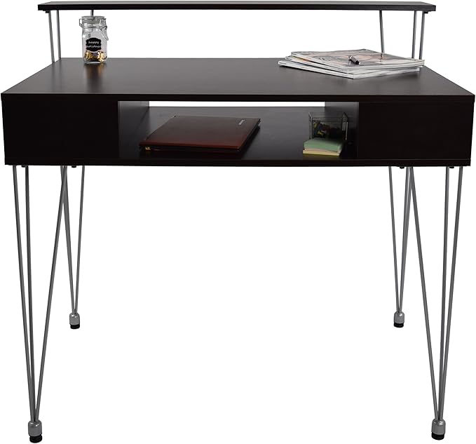Proman Products Marcus Jr. Modern Home Office Desk with Storage – Functional Computer Writing Desk with Dual Side Compartments Large Hidden Storage Raised Display Shelf