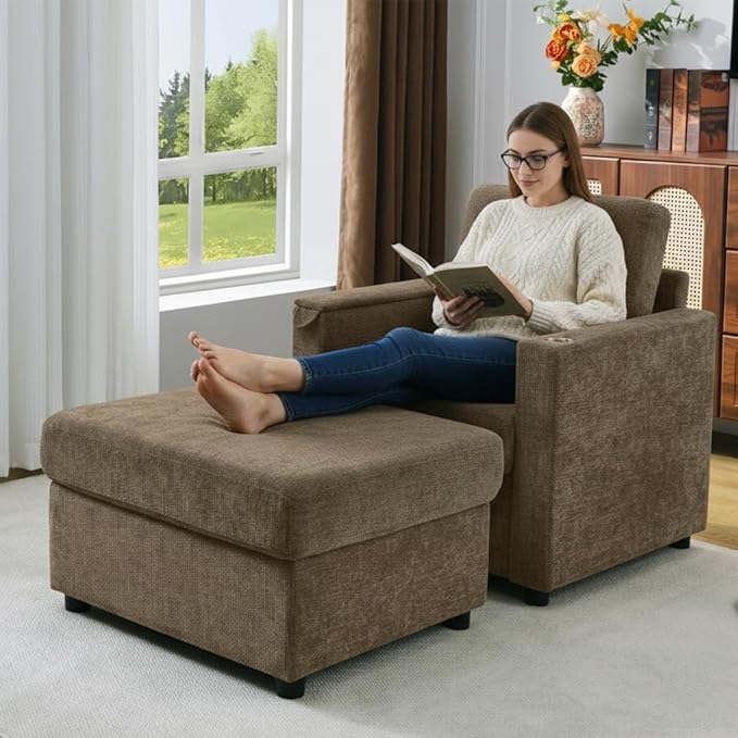 Modern Accent Chairs with Storage Ottoman Set Chenille Reading Armchair with Tray Table and Charging Ports Comfy Chaise Lounge Chair for Living Room Bedroom Reading Nook Brown