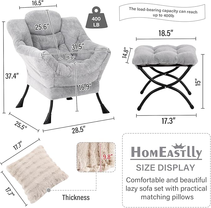 Lazy Chair with Ottoman Large Light Grey Accent Chair with Ottoman and FA Throw Pillow Comfy Plush Reading Chair for Living Room Bedroom Dorm Room Office Apartment Relaxing Use