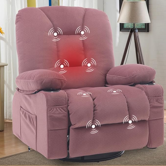 Rocker Recliner Chairs for Adults Swivel Recliners with Massage and Heat Fabric Overstuffed Glider with Cup Holder Rocking Nursery Chair Manual Reclining Single Sofa for Living RoomPink
