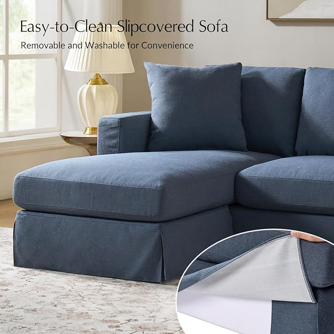 HULALA HOME 85 Slipcovered Sofa with Removable &amp Washable Cover 3-Seater Farmhouse Chaise Sofa with Down-Filled Cushions Comfy Upholstered Couch for Living Room Bedroom Navy