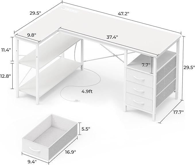 Huuger L Shaped Office Desk with Power Outlets 47 Inch Computer Desk with 3 Drawers Shelves for Gaming Corner Work Home Office Study White