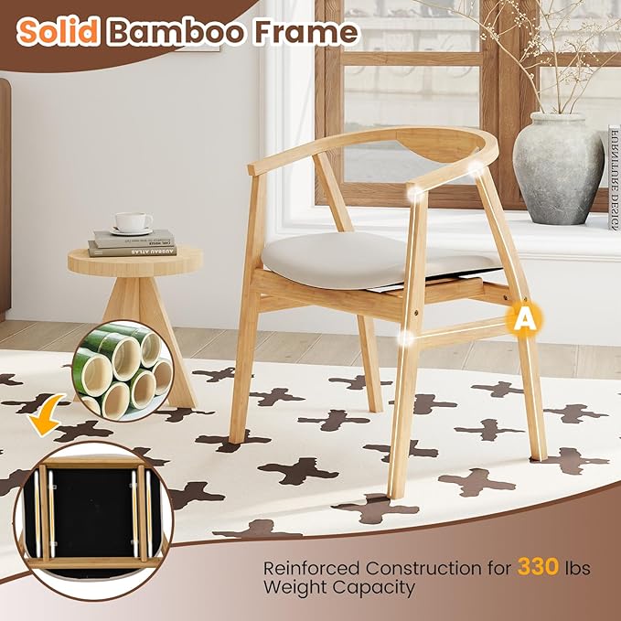 KOMFOTT Bamboo Accent Chair Mid Century Modern Armchair with Barrel Back &amp Soft-Padded Seat Upholstered Lounge Chair with A-Shaped Frame for Living Room Bedroom Reading Room Beige
