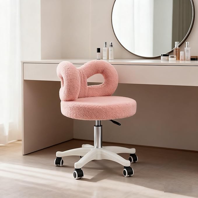 TrueyEssenceModern Vanity Chair with Wheels Roller Chair with Cute Butterfly Backrest Make-up Chair Comfortable Accent Chair for Living Room Bedroom Adjustable Height (Pink)