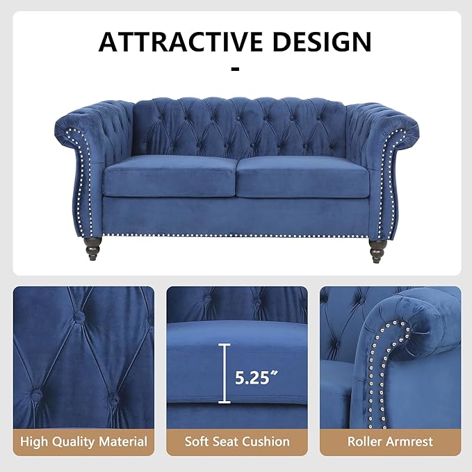 2 Seater Sofa Velvet Chesterfield Sofa Modern Tufted Couch 2 Seater Large Sofa with Scroll Arms and Nailhead for Living Room Blue