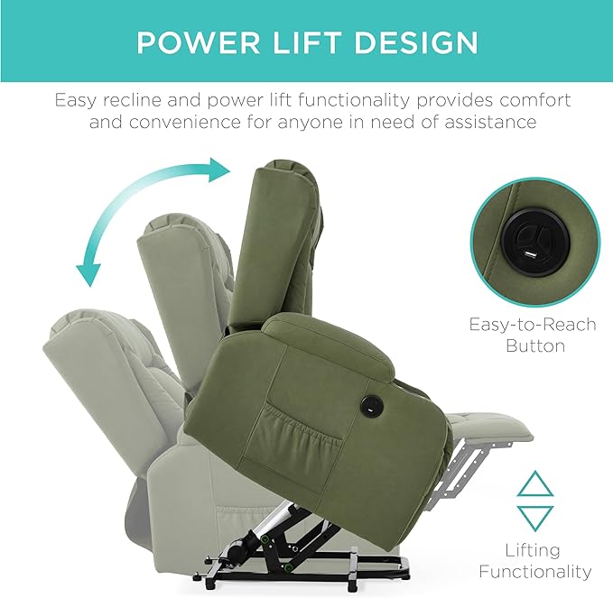 Best Choice Products PU Leather Electric Power Lift Chair Recliner Massage Chair Adjustable Furniture for Back Legs w/ 3 Positions USB Port Heat Cupholders Easy-to-Reach Side Button - Olive
