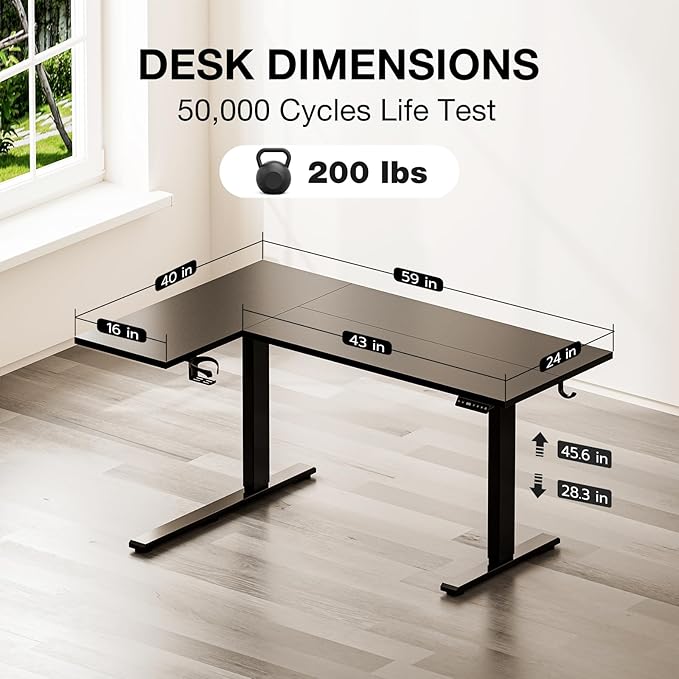 Muvai L Shaped Standing Desk with Cable Management Tray 59 Inch Height Adjustable Electric Standing Corner Desk Sit Stand Up Work Table for Home Office Gaming with Reversible Splice Board Black