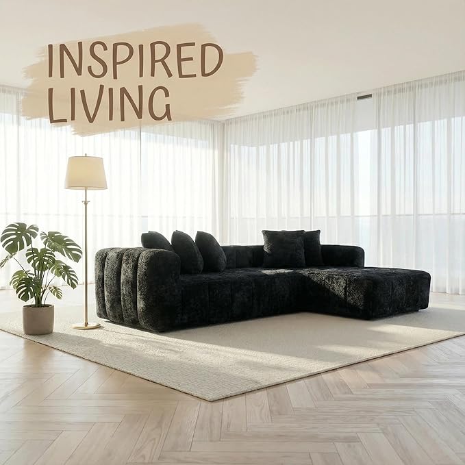 107.9“Cloud Sectional Boneless Couch Modular Sofa with Deep Seat 5 Pillows L-Shaped Free Combination Soft Boucle Fabric 1400 lbs Capacity Living Room Apartment. (Black Right Hand Facing) | No Assembl