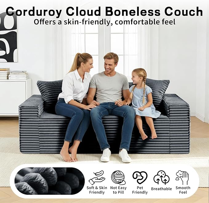 3 Seater Sofa Couch for Living Room (Gray 38 D + 2 Pillows)