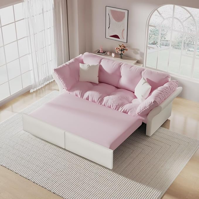 3-in-1 Folding Convertible Sleeper Tufted Sofas Pull Out Sofa Bed with 2 Soft Pillows Multi-Functional Velvet Loveseat Bed Pink