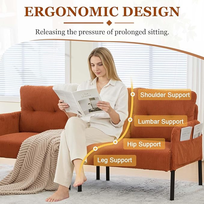 Loveseat Sofa 67” Small Sofa Couch for Living Room Comfy Corduroy Fabric Love Seat for Bedroom with Throw PillowRemovable Cushion CoverCouches for Small SpaceApartmentDorm (Orange)