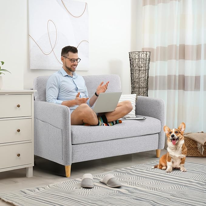 VINGLI 47 Small Couch Linen Loveseat Sofa Light Grey Mini Couch Mid Century Modern Decor Love Seat for Small Spaces Living Room Bedroom Play Room