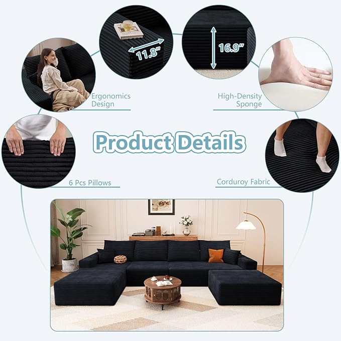 136 U Shaped Cloud Sectional Couch with Fluffy Corduroy Deep Memory Foam Seats Sofa with 1 Ottoman for Living Room No Assembly Required(BlackLeft-Facing Chaise)