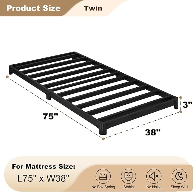 3 inch Low Twin Bed Frames with Rounded Corner Heavy Duty Metal Easy Assembly Noise Free Black