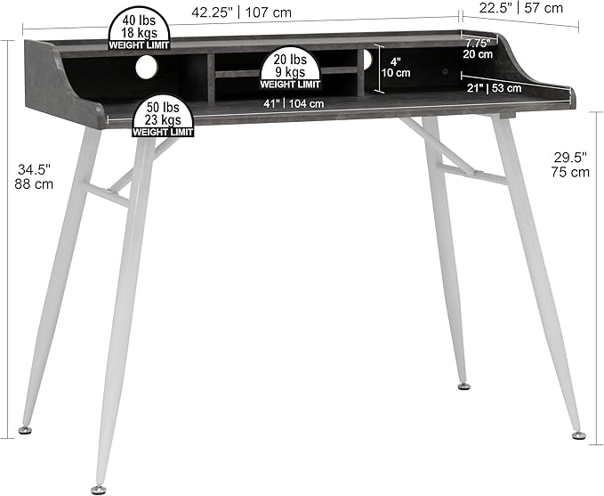 Calico Designs Woodford 45” Wide Modern Secretary Writing Desk with Low Storage Hutch and Whtie Metal Tapered Legs in Marbled Dark Grey White