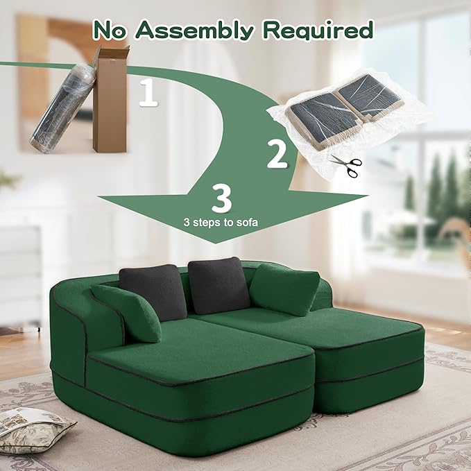 Double Chaise Lounge Chair Indoor Teddy Fabric Boneless Sofa Deep Recliner with 32D High-Resilience Foam Wide Arms for Home Theater ApartmentGreen