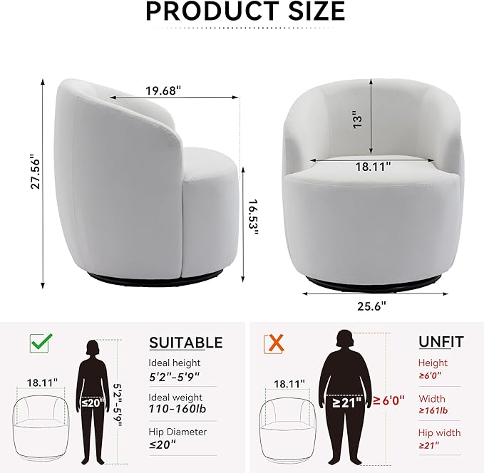 FOXHUNTER Swivel Barrel Chair 360° Small Single Sofa Armchair Comfy Round Sofa Chair Boucle Chairs Padded Armchair Modern Round Accent Arm Chairs for Living Room Bedroom Velvet White