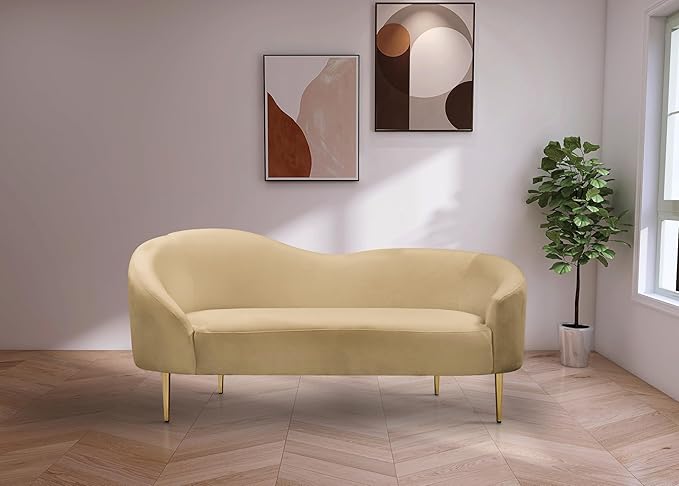 Meridian Furniture 659Camel-L Ritz Collection Modern | Contemporary Upholstered Loveseat with Rich Camel Velvet Gold Metal Legs Curved Contemporary Design 67 W x 31.75 D x 30.5 H Camel