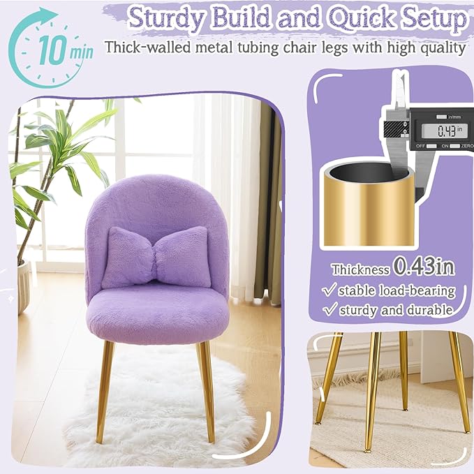 VINGLI Fluffy Girls Vanity Chair with Back &amp PillowCute Small Cozy Desk Chair No WheelsComfy Makeup Ch with Ajustable Gold Legsfor BedroomLiving RoomSmall SpacePurple