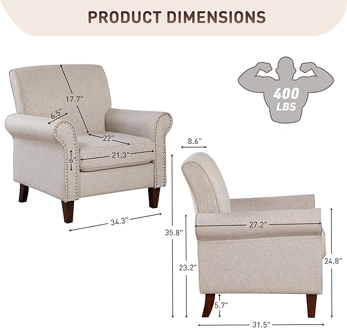 Prilinex Upholstered Living Room Chair Set of 3 - Large Comfy Fabric Accent Chair Single Sofa with Cushion Rolled Armrest &amp Nailhead Trim Mid Century Farmhouse Armchair for Bedroom Office Beig