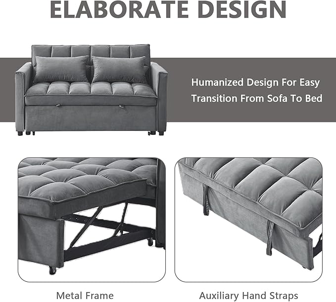 54 Convertible Sofa Bed Velvet Sleeper Sofa with Pull-Out Bed 3-in-1 Futon Couch with Reclining Backrest and Side Pocket Modern Loveseat for Living Room (Medium Grey)