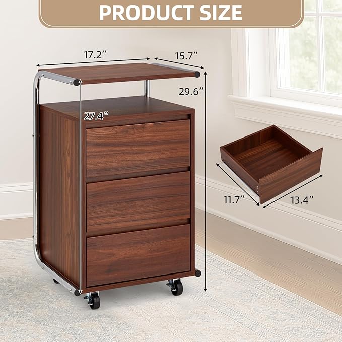JOMEED 3 Drawer File Cabinet with Extended Desktop Lockable Wheels Under/Beside Desk Storage and Organizer Cabinet for Home Office Small Rolling File Chest Printer Stand Modern Style Walnut Large