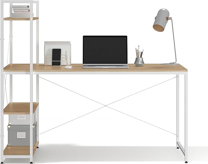 Ames 55 Reversible Gaming Computer Desk with Adjustable Shelves Home Office Desk Grommet Cable-Management Leveler Feet Easy Assembly White/White Oak