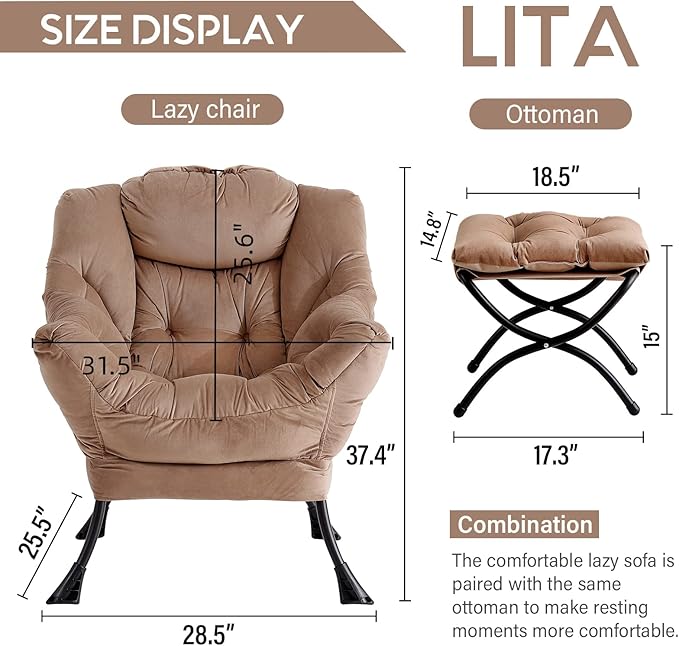 LITA Lazy Chair with Ottoman Modern Accent Leisure Upholstered Sofa Chair Contemporary Lounge Reading Chairs with Armrests and a Side Pocket for Living Room Bedroom &amp Small Space Dark Brown