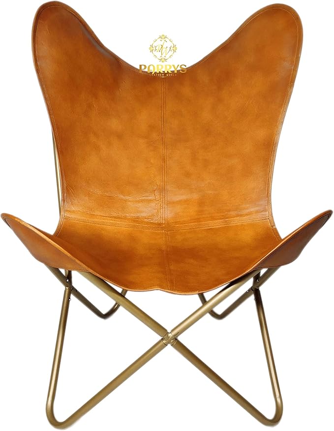 Genuine Brown Leather Butterfly Chair with Foldable Ottoman | Handmade Lounge Relax Arm Chair | Indoor/Outdoor Comfortable Arm Chair with Footrest Foot Stool
