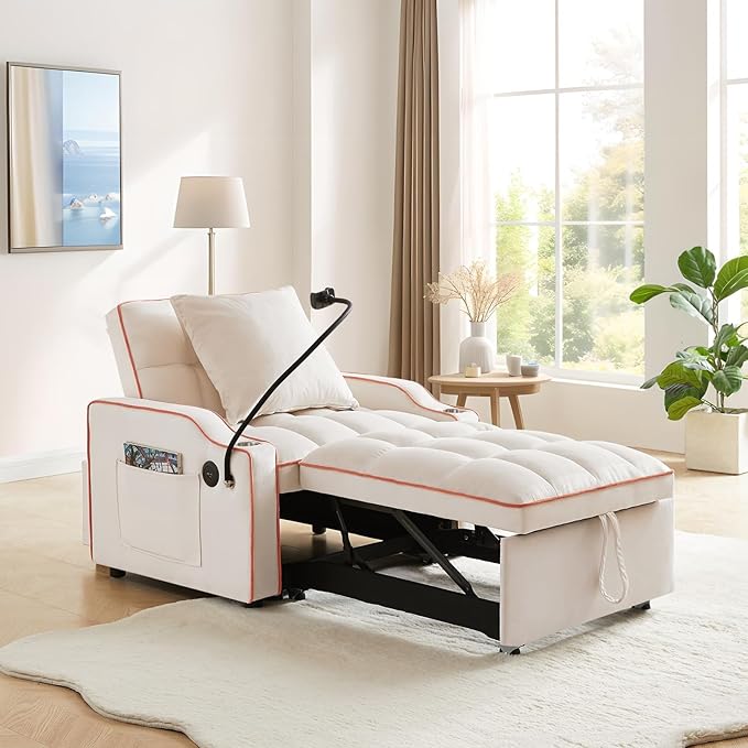 Convertible Sleeper Sofa Chair Bed 3 in 1 Velvet Single Small Futon Sofa Bed with Phone Holder &amp USB PortsPull Out Couch Recliner with Adjustable Backrest for Living Room Office Small Place(Be