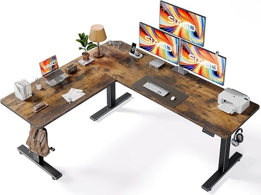 SIAGO L-Shaped Standing Desk - 75 x 63 Inch Adjustable Corner Standing Desk with Charging Station - L Shape Sit Stand Table with Memory Controller Splice Board for Home Office