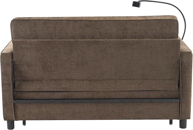 56.9 Loveseat Pull-Out Sofa Bed Chenille Sleeper Sofa Couch with a Reversible Backrest Cushion Side Pockets Two USB Ports and a Phone Holder for Living Room (Brown1)
