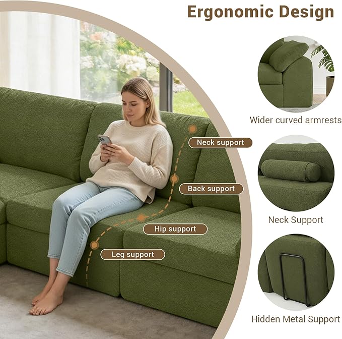 Cloud Sectional Couches 78.8 L-Shape Sofa with Ottoman Deep Seat Modular Sectional Couch Comfy Boneless Couch for Living Room &amp Bedroom Bouclé Fabric Green