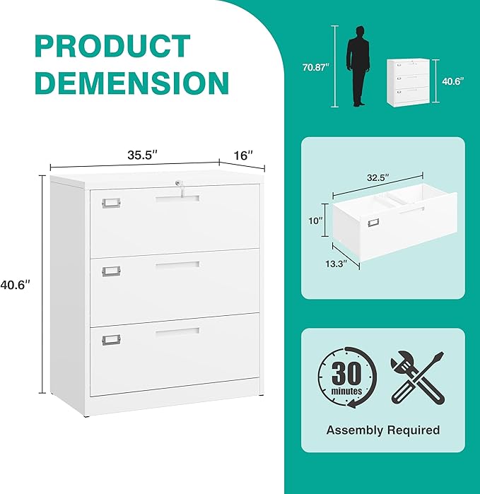 SISESOL 3 Drawer Lateral File Cabinet with LockWhite Lateral Filing CabinetHorizontal Metal Filing CabinetLocked Wide Three Drawer File Cabinet for Office HomeFit A4/F4/Letter/Legal File