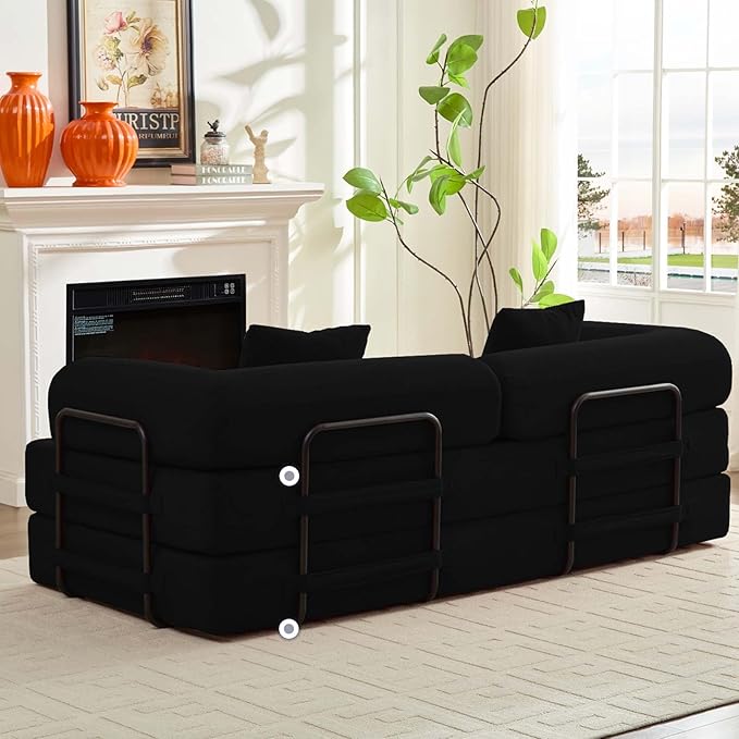 ijuicy 4-in-1 King Convertible Floor Sofa Bed w/ 2 PillowModular Sleeper Sofa/Folding Futon Couch Bed w/Cylindrical Backrest and Fixed FrameLounge CouchCorduroy Compression Sofas for Home-Black