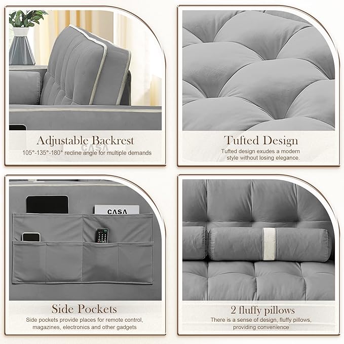 Pull Out Sofa Bed 55.5 Loveseat Sleeper Sofa Bed with Side Pocket Storage Adjustable Backrest and Waist Pillow Suitable for Small Space Living Room Bedroom Office(Grey)