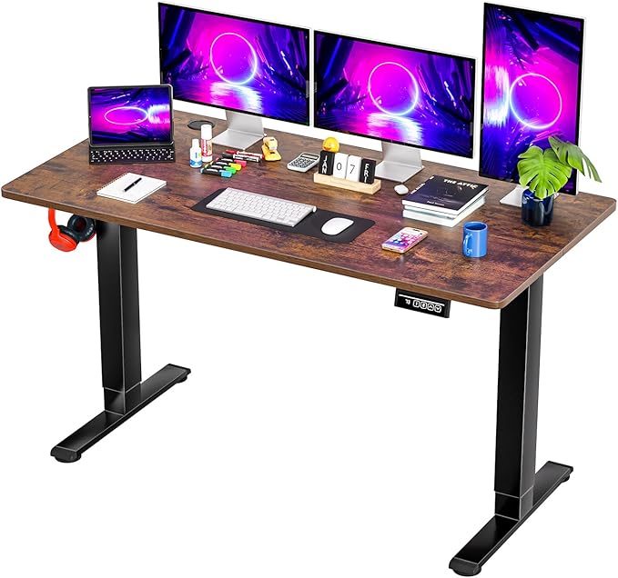 PayLessHere 55 Inch Electric Standing Desk Sit Stand up Desk Home Office Desk with Large Space Headphone Holder 2 Memory Function for HomeOfficeMeeting Room (Brown)