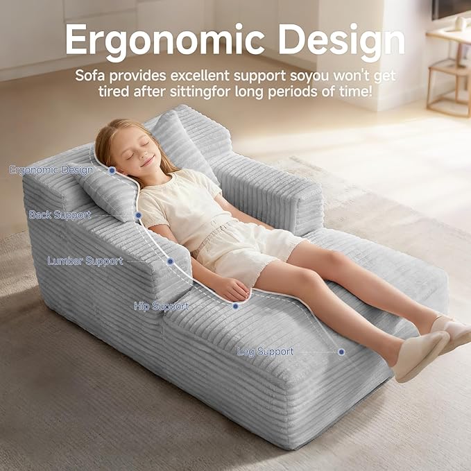 45'' Chaise Lounge Chair Indoor Corduroy Upholstered Boneless Sofa Bed Deep Seat Sleeper Couch Reading Chairs Small Comfy Cloud Sofas Couches for Living Room Bedroom Movie Room (LightGray)