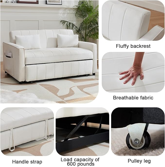 Convertible Sofa BedVelvet Sleeper Sofa Bed with Side Pockets 3 in 1 Pull Out Couch with Adjustable Backrest for Living Room Bedroom Apartment White